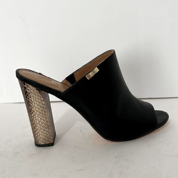 Calvin Klein Shoes - Calvin Klein Jennalyn Black Leather Metallic Gold High Heel Mules Size 9